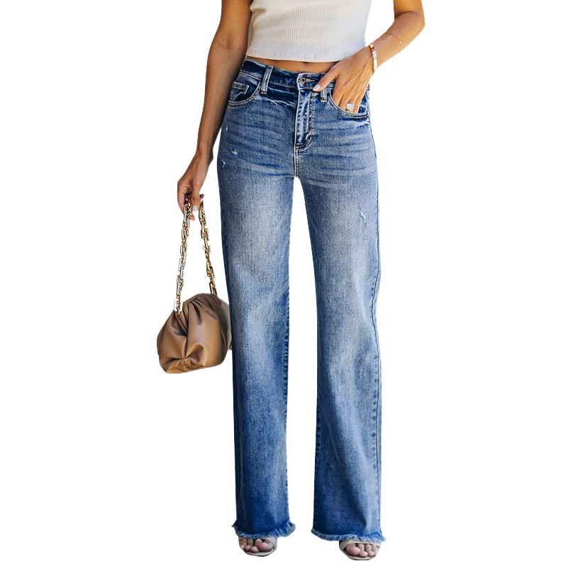 European and American Ripped Washed Wide-Leg Jeans for Women 2025 Spring & Fall New Style Fashionable Elegant Slightly Flared Pants Trendyy Scratched