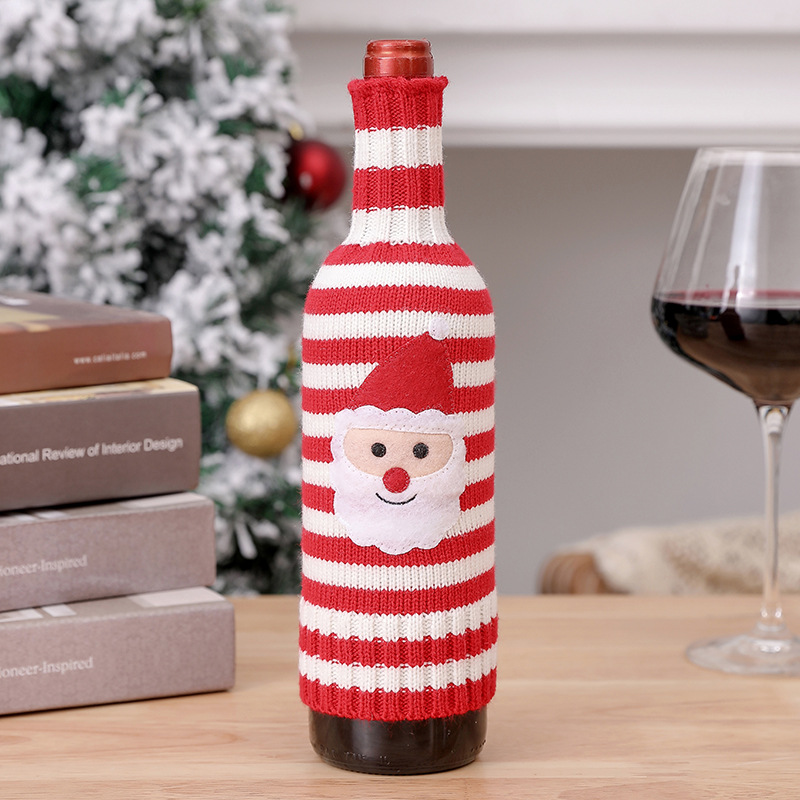 Picture of New Christmas Decorations Wool Acrylic Knitted Stripesd Wine Bottle Set Elk Snowman Red Wine Champagne Bottle Set