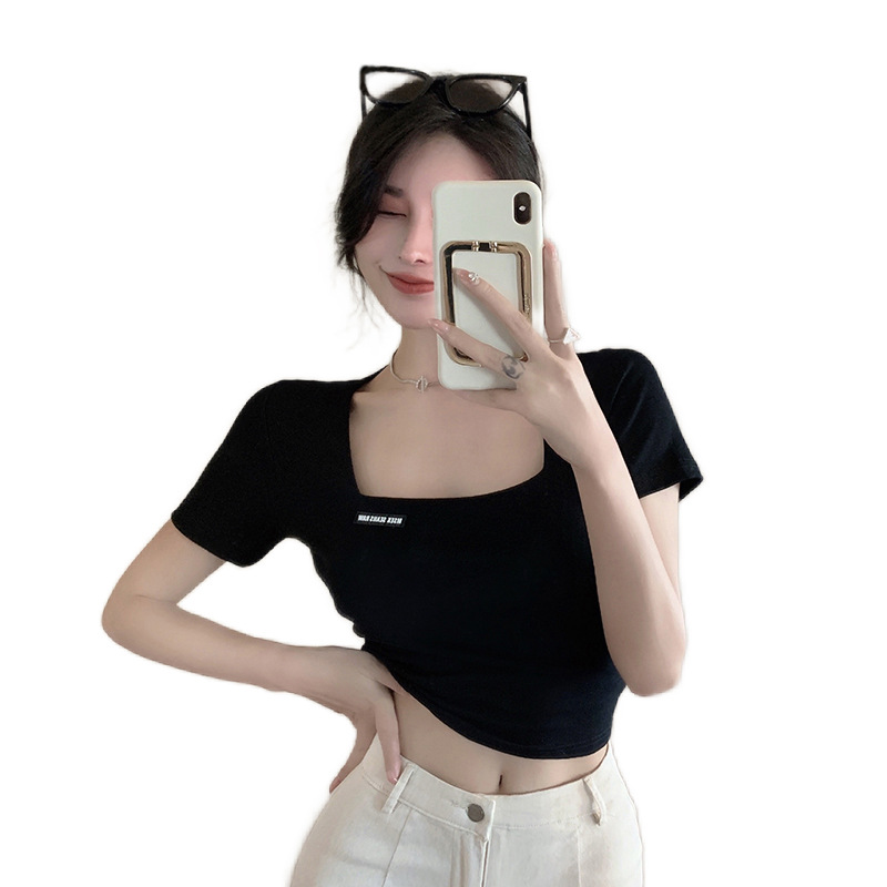 Picture of Square Collar Short-sleeved T-shirt Women's Summer New Short Spice Girl Top Slim-fit Styish White Half-sleeved Trendy