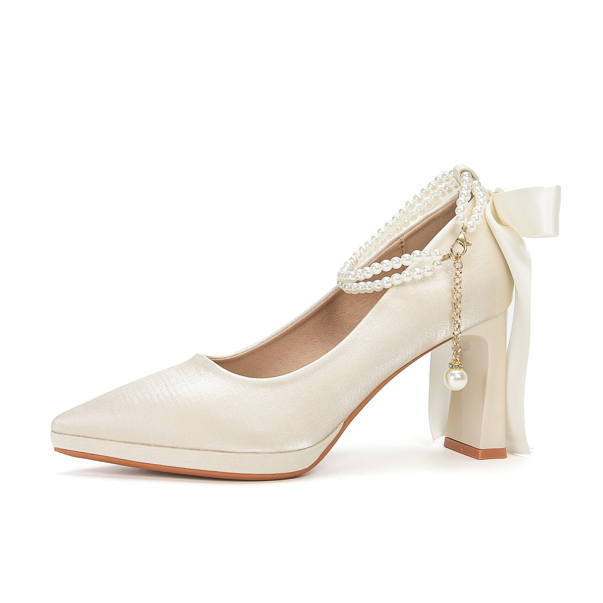 Picture of 8066-7 Temperament French Suede Pointed Thick Heel Women's Bow Pearl Platform High Heel Shoes