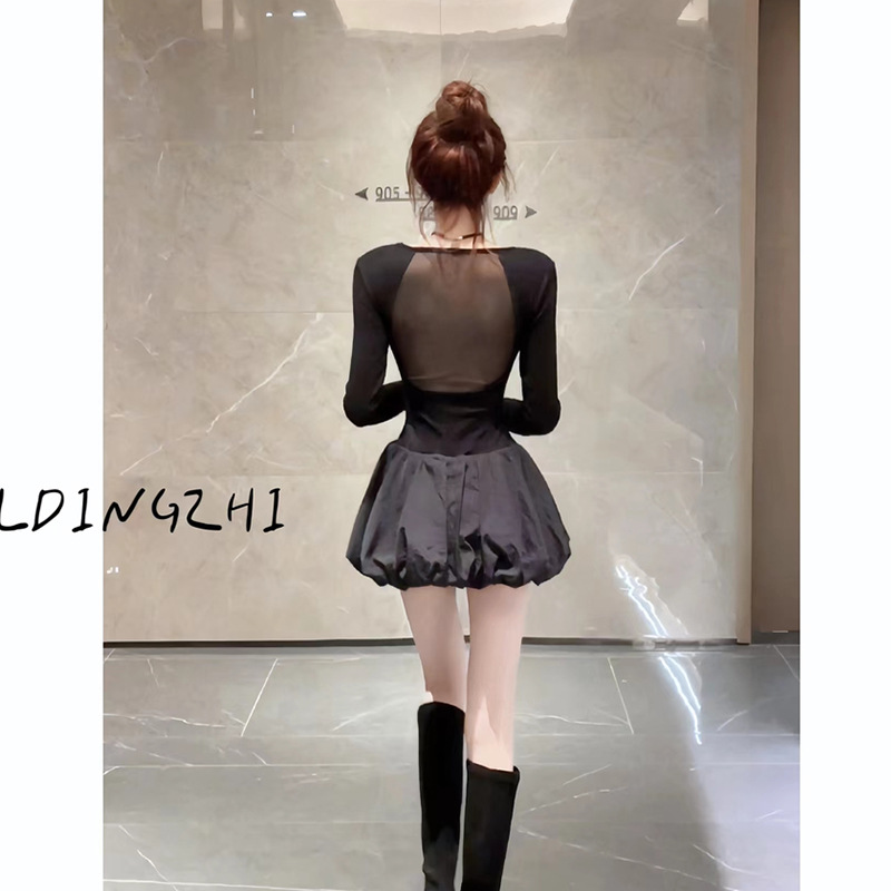 French Style Square Collar Back Mesh Design Princess Tutu Dress Women's Autumn and Winter High-end Elegant Tight Waist Dress