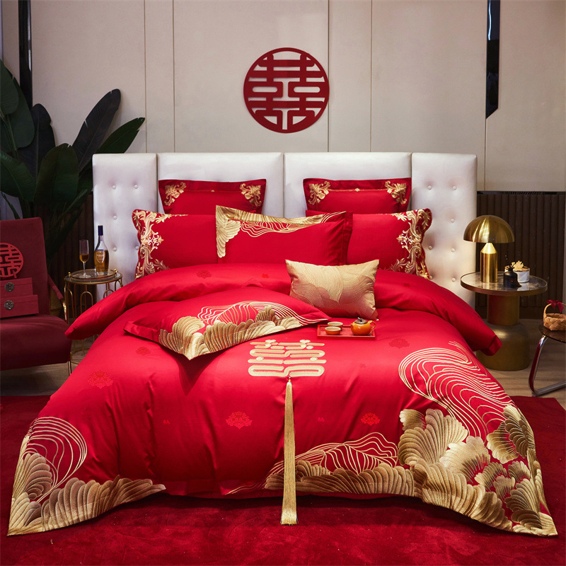 Picture of Light luxury 160 double long staple cotton red wedding wedding four-piece cotton embroidery wedding six-piece ten-piece