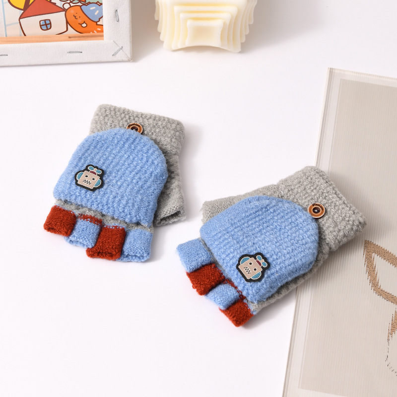 Picture of Children's flip gloves autumn and winter boys half finger warm cute Primary School students writing knitted dual-purpose gloves wholesale