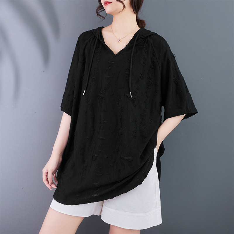 Picture of plus size Women's 2024 Summer New Loose Hooded Half-sleeved T-shirt chubby girl Covering Flesh Slimming Distinctive Rough Top