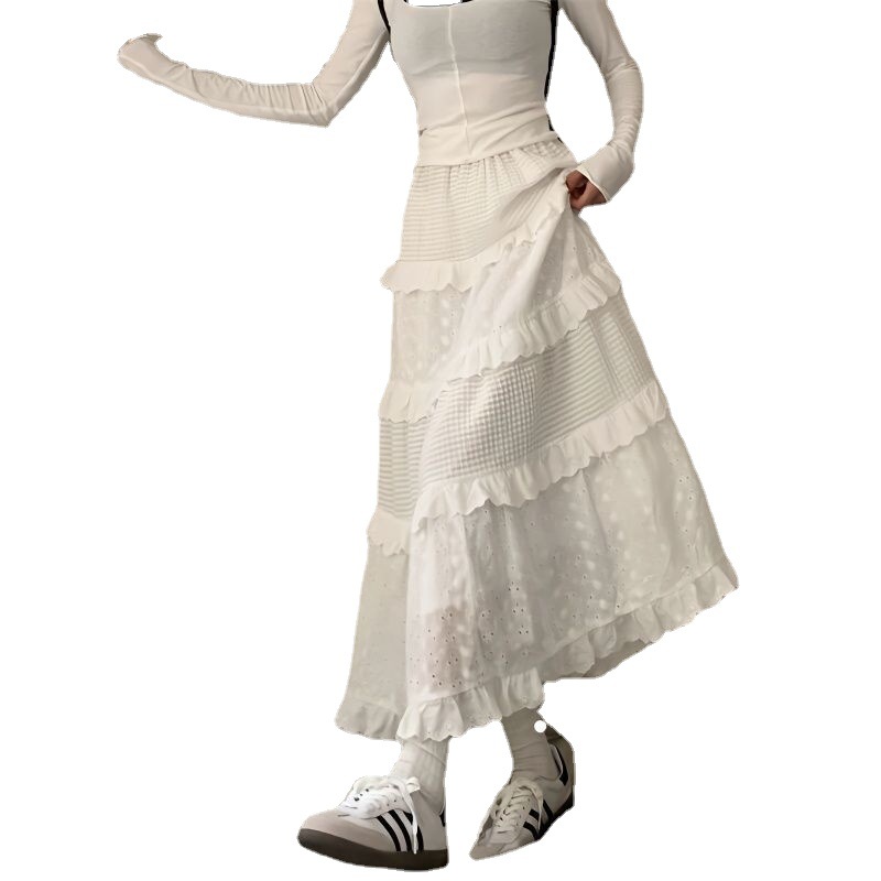 Picture of Kumikumi Gentle Style Cut Out Crochet Skirt Women's Spring High Waist A-Line Cake Skirt Long Skirt White Skirt