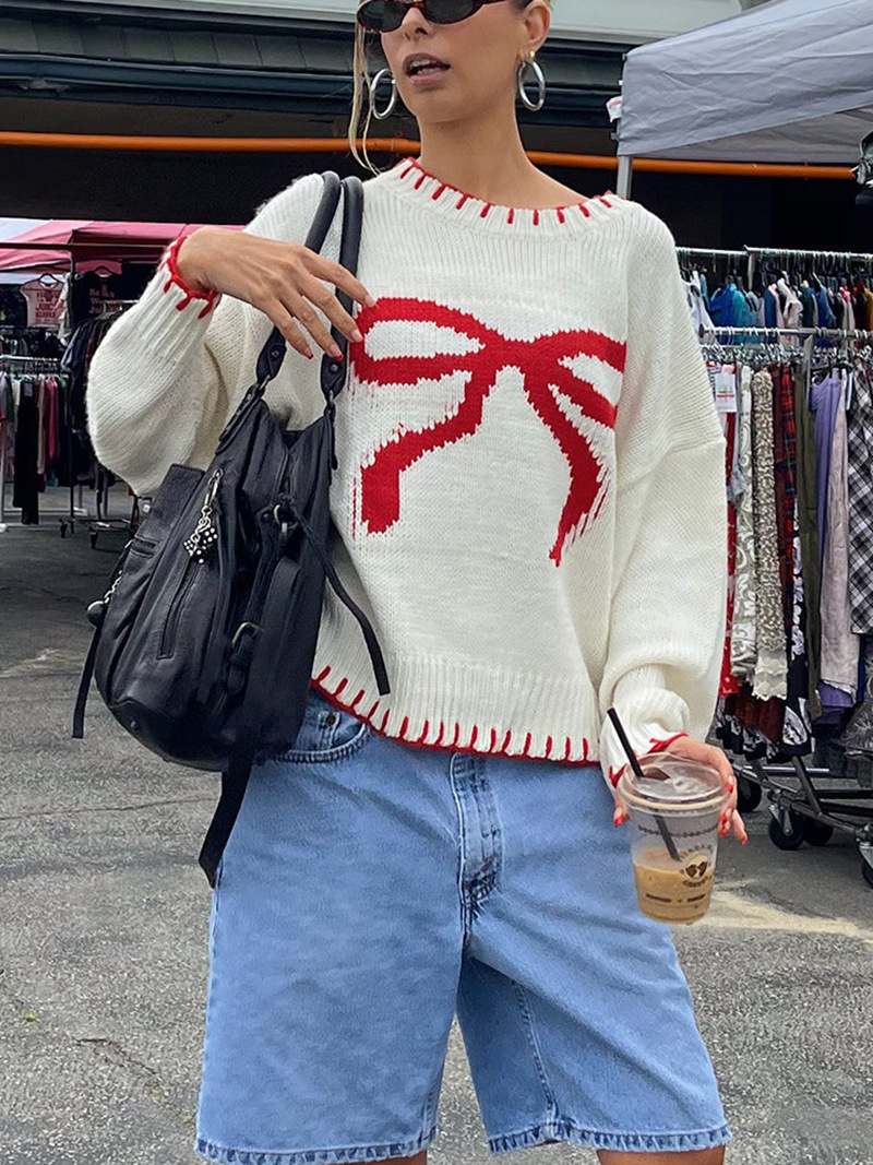 Cross-border Amazon Women's Bow Jacquard Sweater Autumn and Winter Lazy Style Loose Warm and Comfortable Pullover Sweater