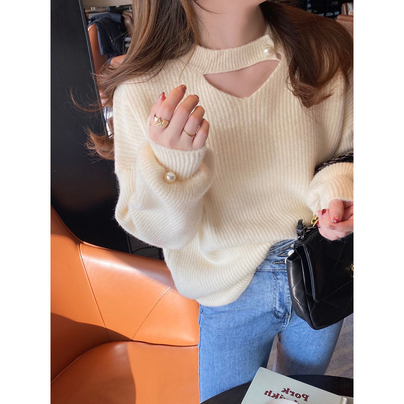 Picture of Design Sense Niche Sweater Women's 2024 Autumn and Winter New Loose Korean Style V-neck Pink Hollow Sweater Top
