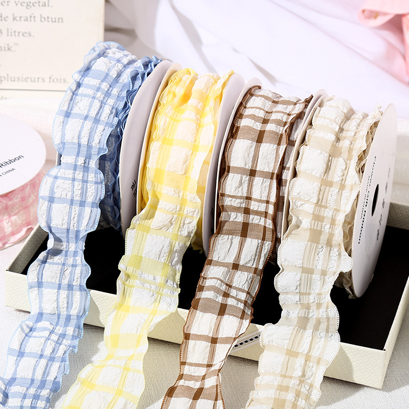 4cm Ruffled Plaid Ribbon Check with Satin bouquet fishtail yarn ribbon gift bow decoration
