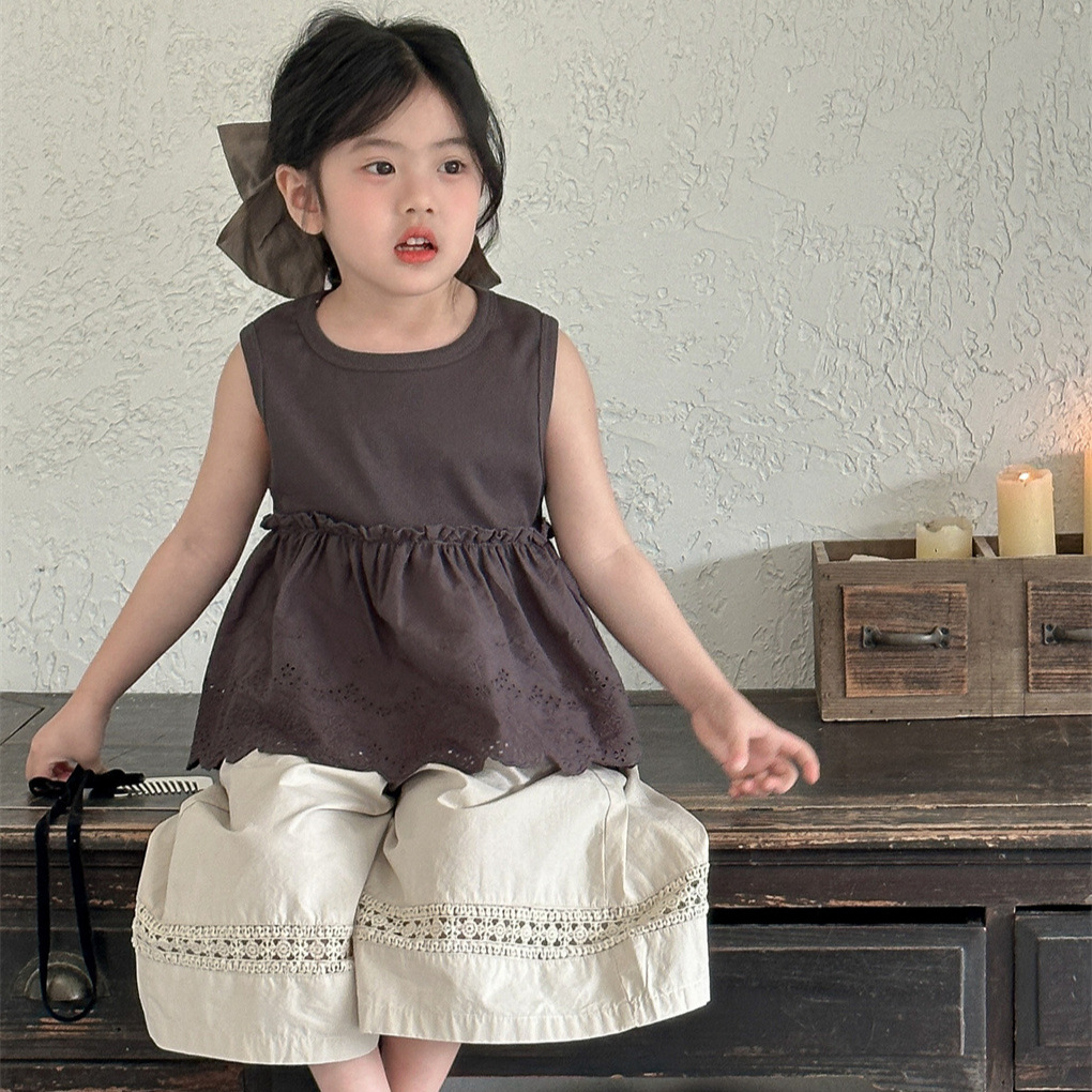 Children's Jacket Lai Hug 2025 Summer New South Korea Children's Wear Korean Knitted Sleeveless Lace Stitching Girls' Vest