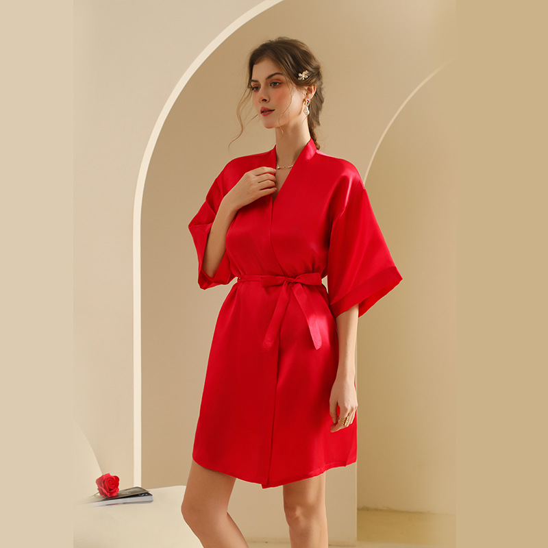 Picture of Bride's Bridesmaid's Morning Gown Wedding Silk Birthday Girlfriend Party Pajamas Lie-down Embroidered Red Nightgown Wedding Morning Gown