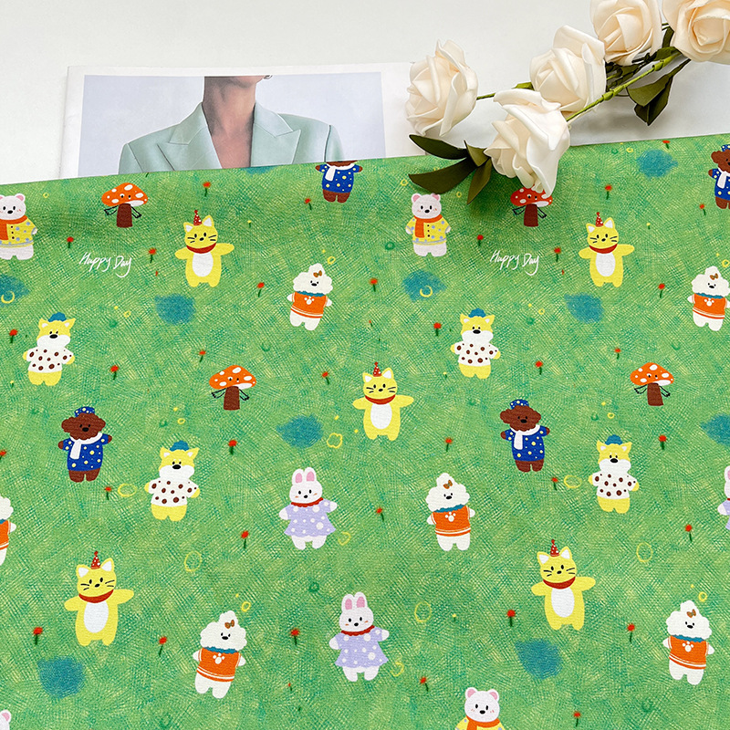 Green Background Mushroom Animal Cotton Canvas Bag Jacket Vest Handmade DIY Fabric 1.5m Width