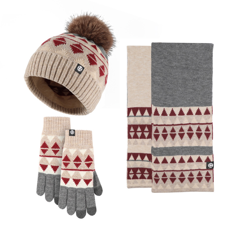 Picture of Winter New Product Japanese Style Knitted Gloves, Scarf and Hat Three-Piece Set Wool Warm and Cold-Proof Fur Ball Scarf Three-Piece Set