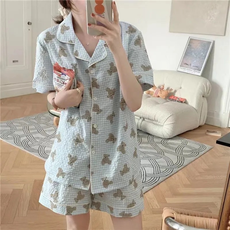 Pajamas Women's Summer New Short-sleeved ins Style Cartoon All-match Bear Plaid Cute Cardigan Fashionable Home Clothes Suit