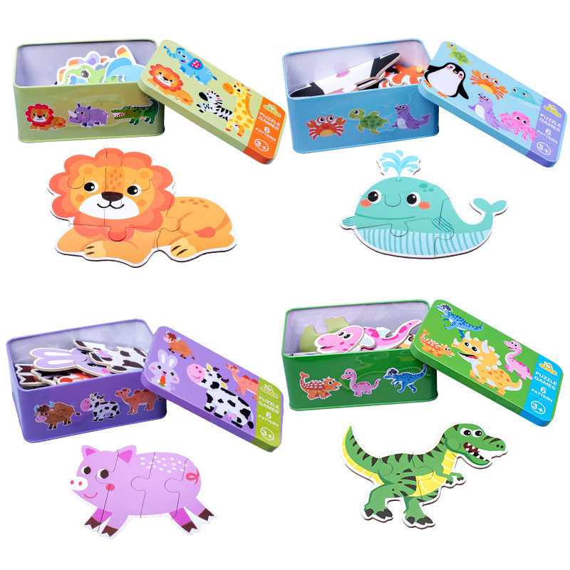 Children's Creative Iron Box Puzzle Kindergarten Baby Early Education Cartoon Animal Traffic Dinosaur Puzzle Six-in-One Toy