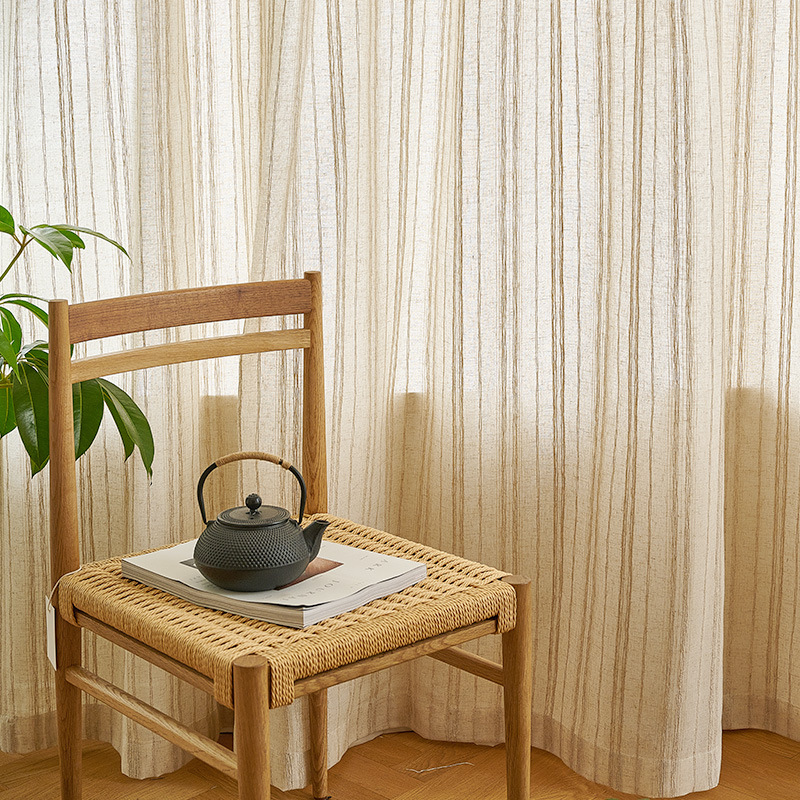 Picture of Japanese-style cotton linen transparent linen screen Japanese homestay style living room tea room striped cotton linen curtain gauze curtain