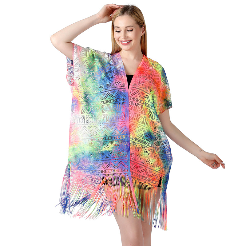 Cross-Border New European and American Style Tie-Dye Lace Cardigan Beach Style Bikini Cover-Up Sun Protection Shawl for Women