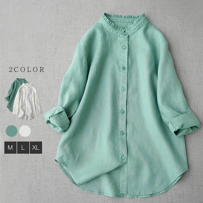 Cross-border Autumn Japanese and Korean New Cotton and Linen Nine-sleeve Shirt New Artistic Women's Wear Thin Hemp Fungus Laced Collar Simple
