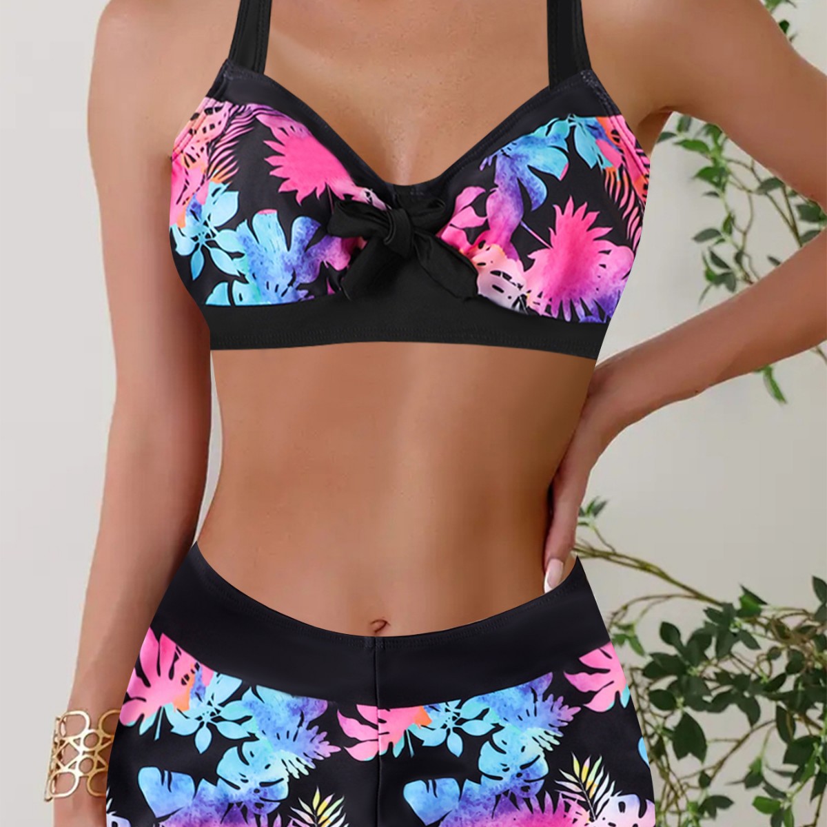 2025 Cross-border New European and American Foreign Trade Swimsuit Women's Amazon Printed Split High Waist Boxers Bikini Swimsuit
