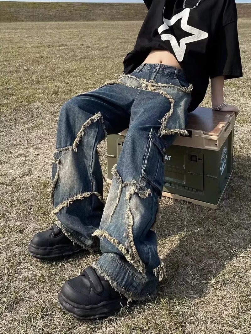 American Style Retro Loose Slim Look Jeans Women's Spring and Autumn Design Sense Straight Edge Pants Straight Leg Wide Leg Pants