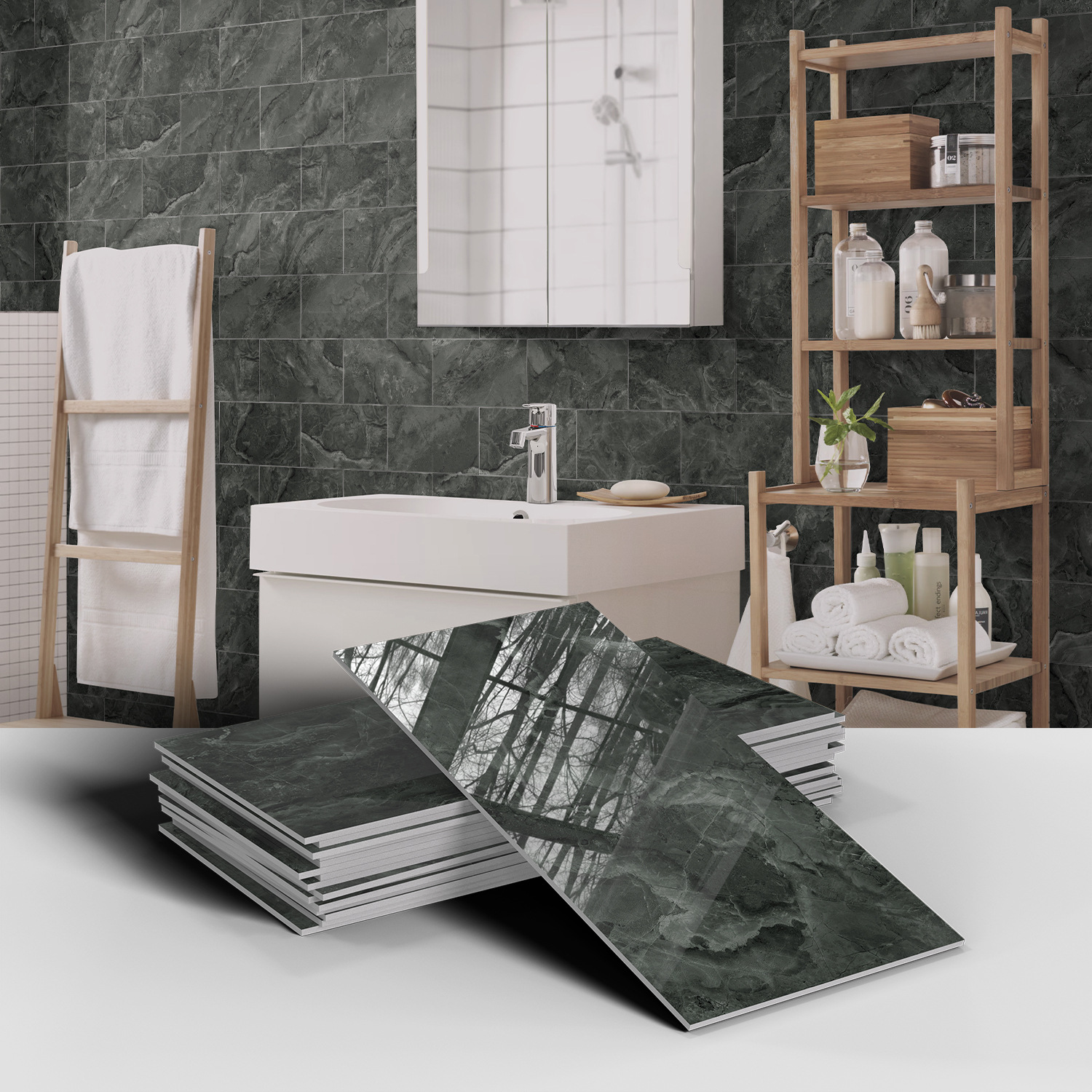 Picture of Crystal Marble Tile Wall Stickers Thickened PET Waterproof Self-adhesive Wallpaper for Kitchen Living Room Wall Decoration Cross Border