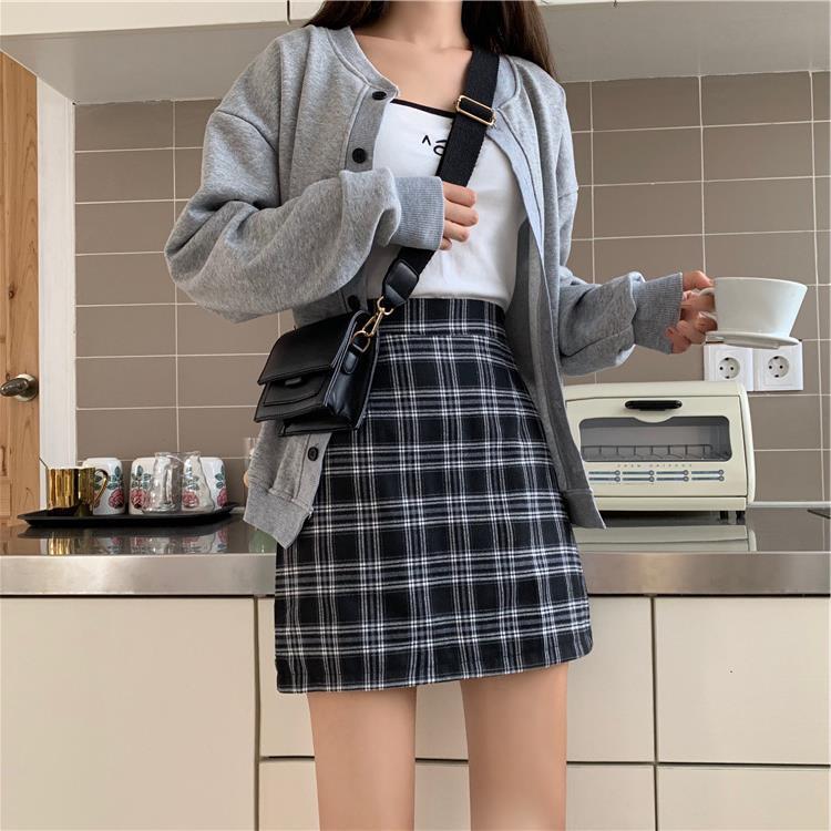 Skirt Women's Summer New Plaid Hip Bag Japanese Korean American Style College Style High Waist Slimming Hip Bag A Short