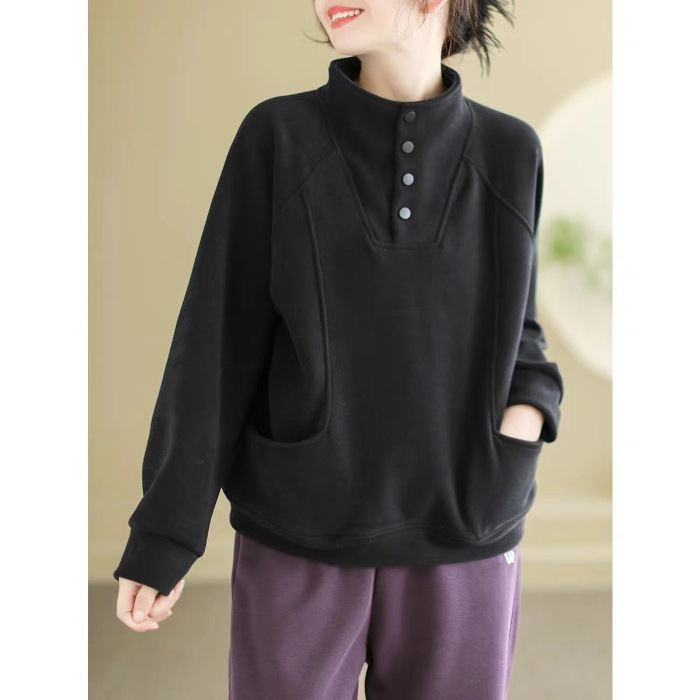 Picture of 260 Quilted Semi-high Collar Button Warm Sweater Women's Loose Korean Style Meat Covering All-match Design Sense Pocket Stitching