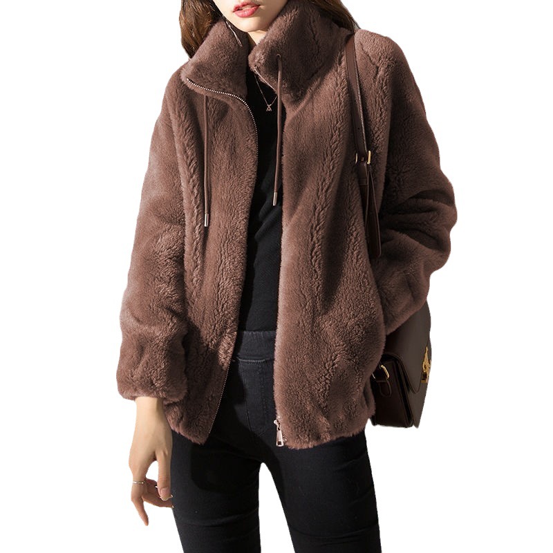 Picture of Women's Winter Outwear Fleece-Lined Thickeneded Double-Sided Coral Velvet Stand-Up Collar Warm Sweatshirt Elegant Cardigan Zipper Fleece Top