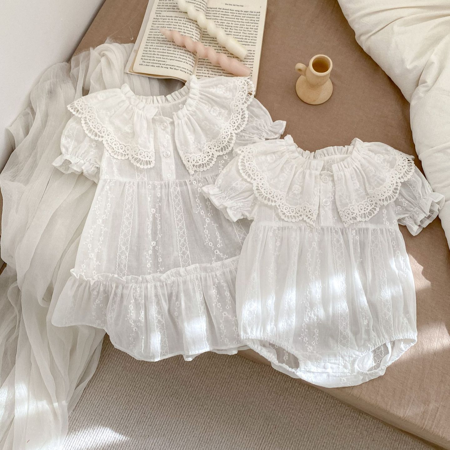 Picture of INS Summer New Sweet Girls Lacy Collar Thin Bag Fat Clothes Climbing Clothes for Baby Girls Korean-style Hakai Sisters
