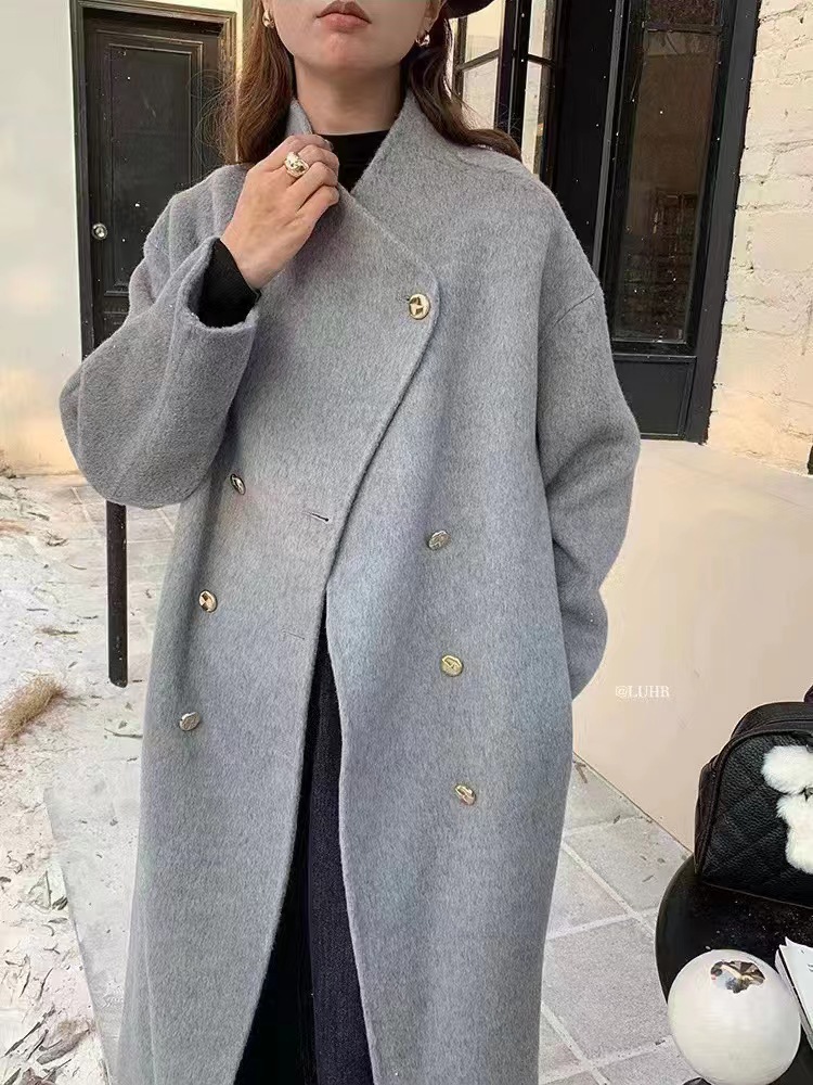 Korean style new spring and autumn stand collar double breasted irregular long loose cashmere coat women's cashmere high-grade coat