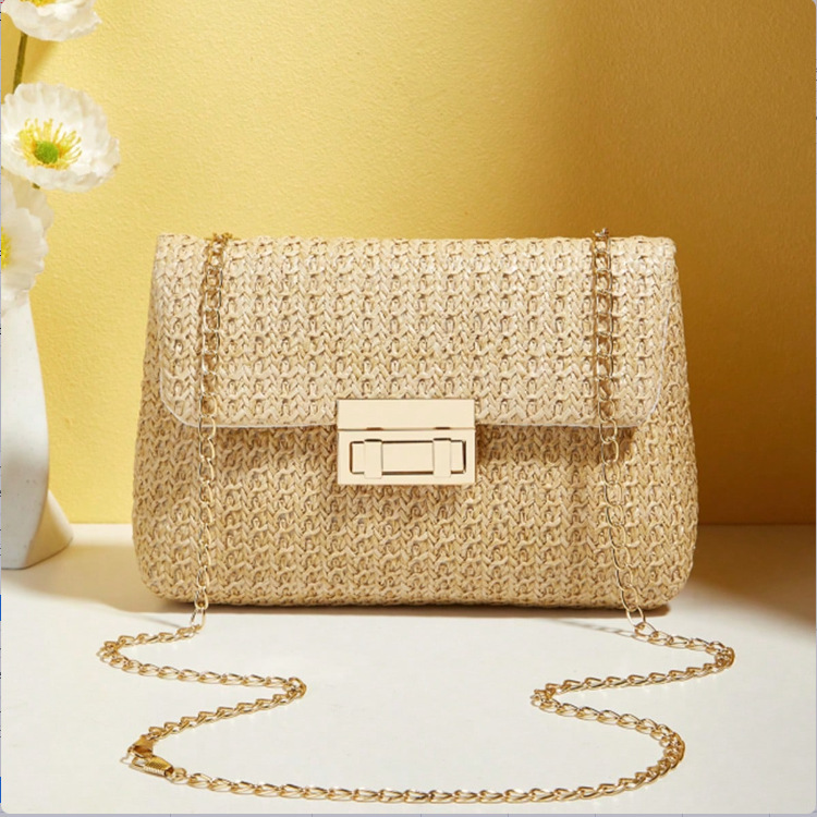Sweet Style Fashion Straw Double Head Lock Shoulder Bag 2024 Summer New Fashionable All-match Commuter Chain Crossbody Bag