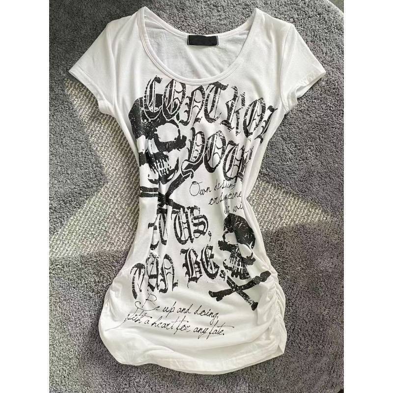 Retro Hot Girl Vintage Waist Slim Fit Punk Rock Short Sleeve New American Skull Print Top