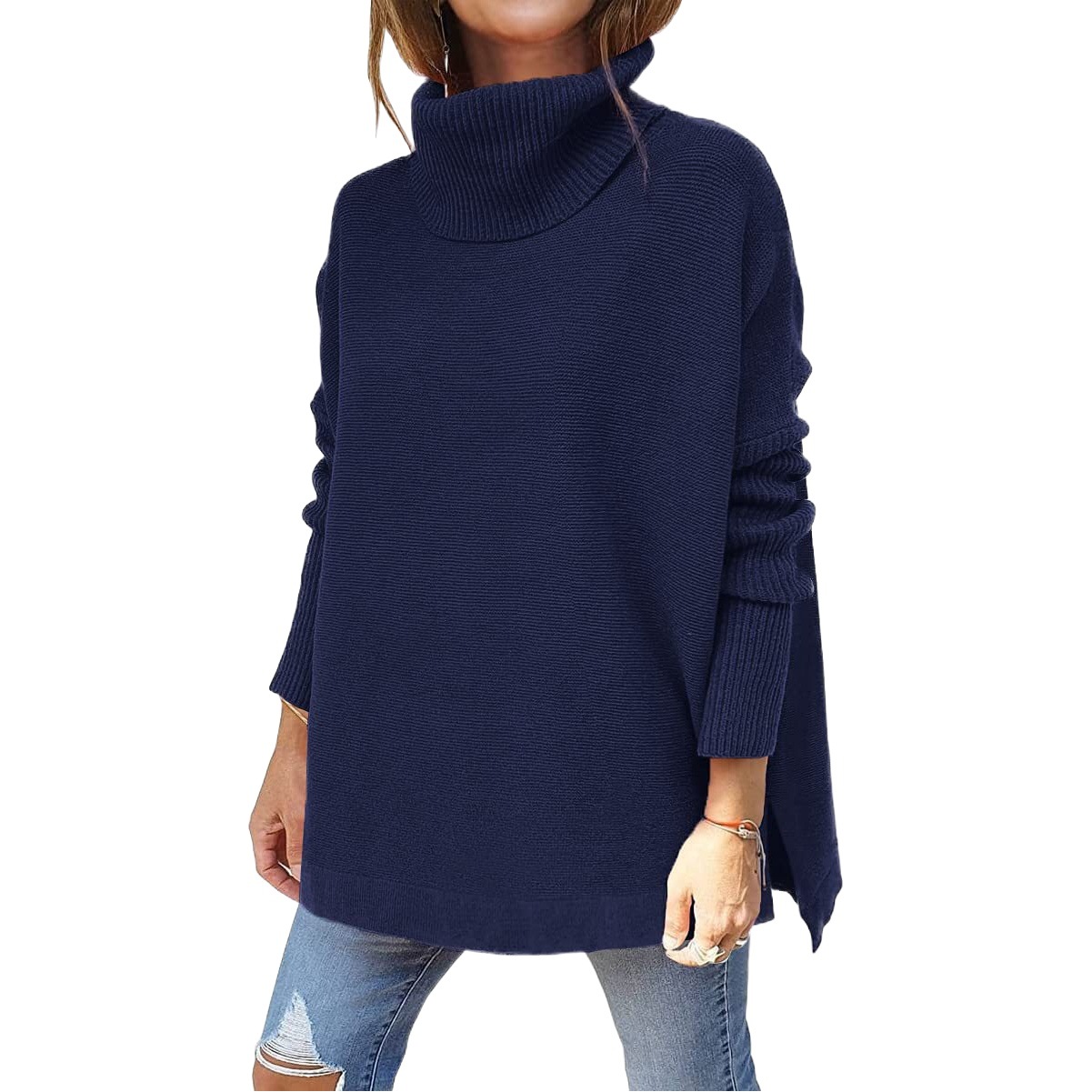 Picture of 2022 Amazon Cross-border Turtleneck Sweater Long Bat Sleeve Hem Tunic Pullover Sweater Needle Weaver