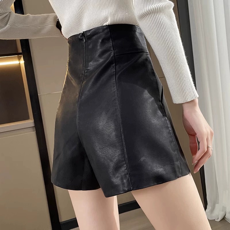 Picture of High waist leather shorts for women 2023 new popular autumn and winter A- line spring and autumn slimming pu wide leg outer wear black boot pants