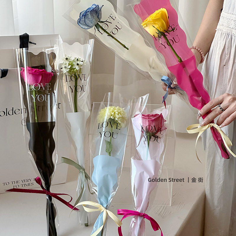 Single Rose diy Bouquet Packaging Bag Transparent Simple Triangle Border Flowers Single Bag Flower Shop Supplies Materials
