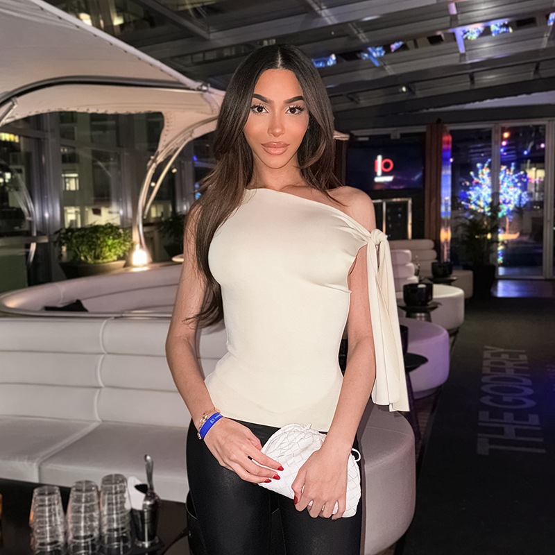 Jy24217 European and American Style Slanted Shoulder Ribbon Top 2025 Summer New Sexy One-Shoulder Versatile T-Shirt for Women