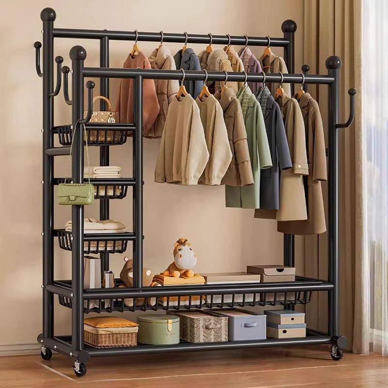 Floor-standing hangers, thickened balcony double-rod clothes drying rack, room clothing storage rack, mobile mesh basket, and coat rack