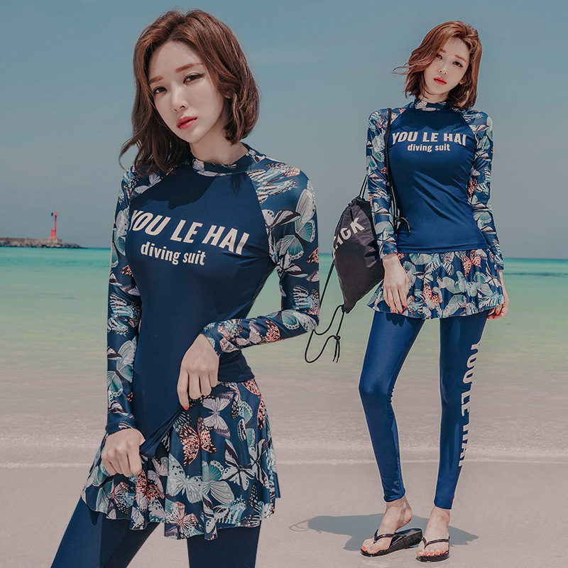 2020 New Swimwear Women's Split Long-sleeved Trousers Sunscreen Three-piece Set Belly-covering Slimming Conservative Hot Spring Swimsuit