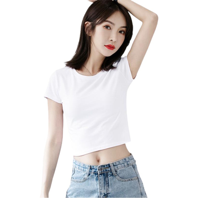 Cotton Summer Pullover Navel Exposed White Short-sleeved T-shirt Slim-fit Navel Exposed High Waist Base Shirt Women's Top