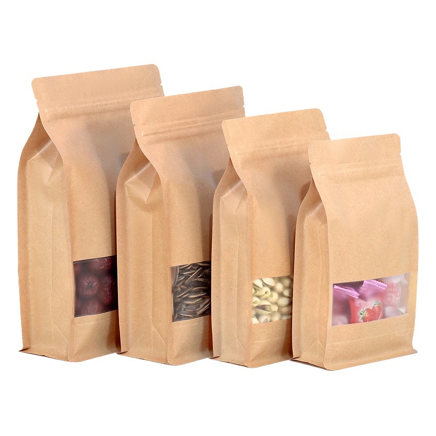 Kraft Paper Bag Window Opening Gift Bag Eight Side Sealed Tea Food Sealed Bag Plastic Self-standing Self-sealing Bag Packaging Bag