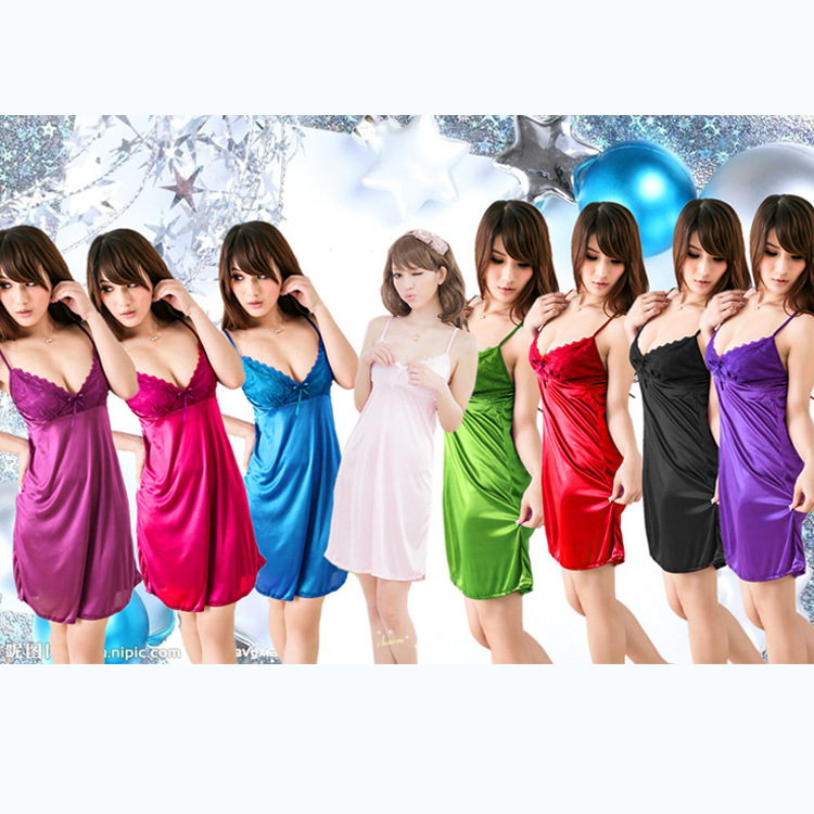 Picture of Night Spring Style Sexy Intimates Summer Home Glossy Pajamas Plus Size Suspenders Sexy Nightgown Set 8578