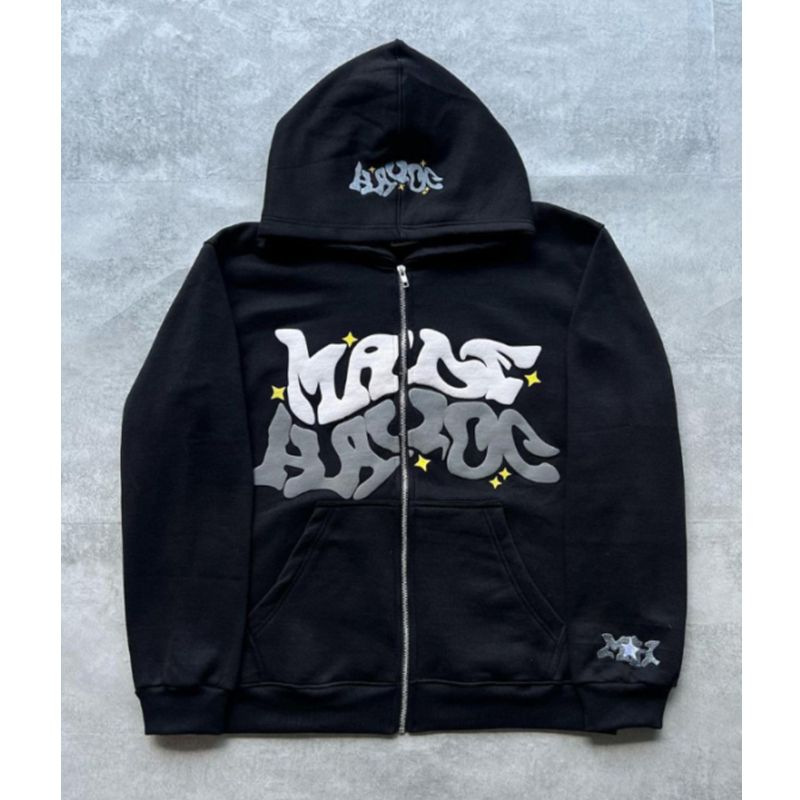 American Street Sweatshirt Hip-Hop Retro Fashion Trend Letter Printed Zipper Sweatshirt Autumn and Winter Hoodie for Men and Women