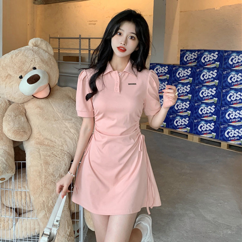 2024 Summer New Polo Collar Dress Women's Spring and Summer Tight Waist Slim-fit Slimming Sweet and Hot Style Short-sleeved Dress