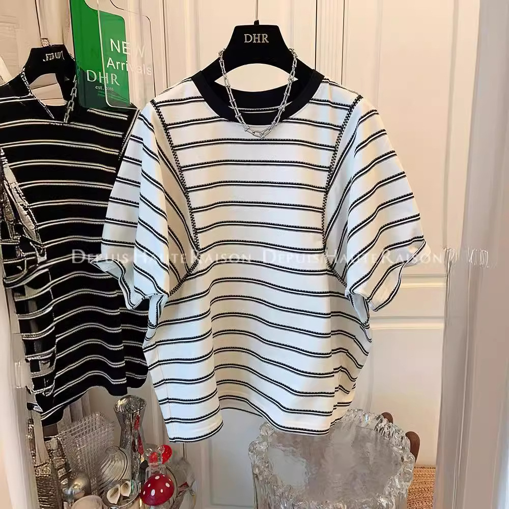 Extra Large size 300kg striped round neck short sleeve T-shirt unique top young women loose casual summer new chubby girl