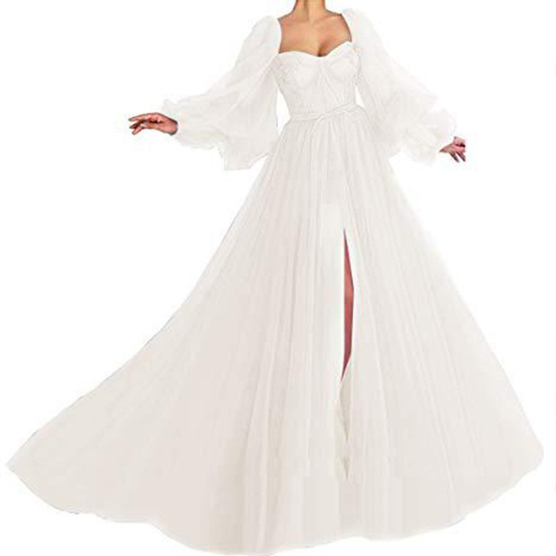 Picture of 2025 Cross-Border Summer New European and American Clothing Elegant Fashion Dress Mesh Slit Large Hem Wedding Dress Evening Dress