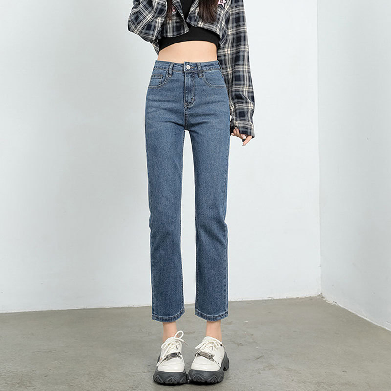 Picture of Black gray jeans women's net red autumn and winter stretch high waist straight pants all-match slim fit cropped smoke tube French stick pants