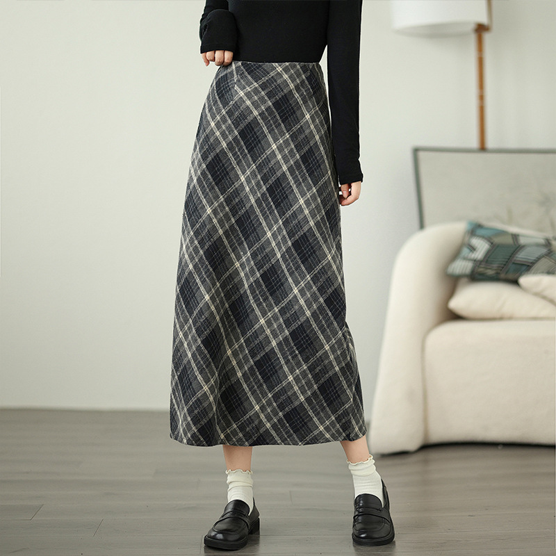 Real Shot plus size chubby girl Vintage Plaid Hip Skirt Women's Autumn and Winter Woolen A- Shape Mid-Length Fat Skirt