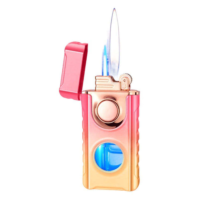 Creative personality double fire conversion lighter cool blue light visual air chamber straight Plus open fire inflatable lighter