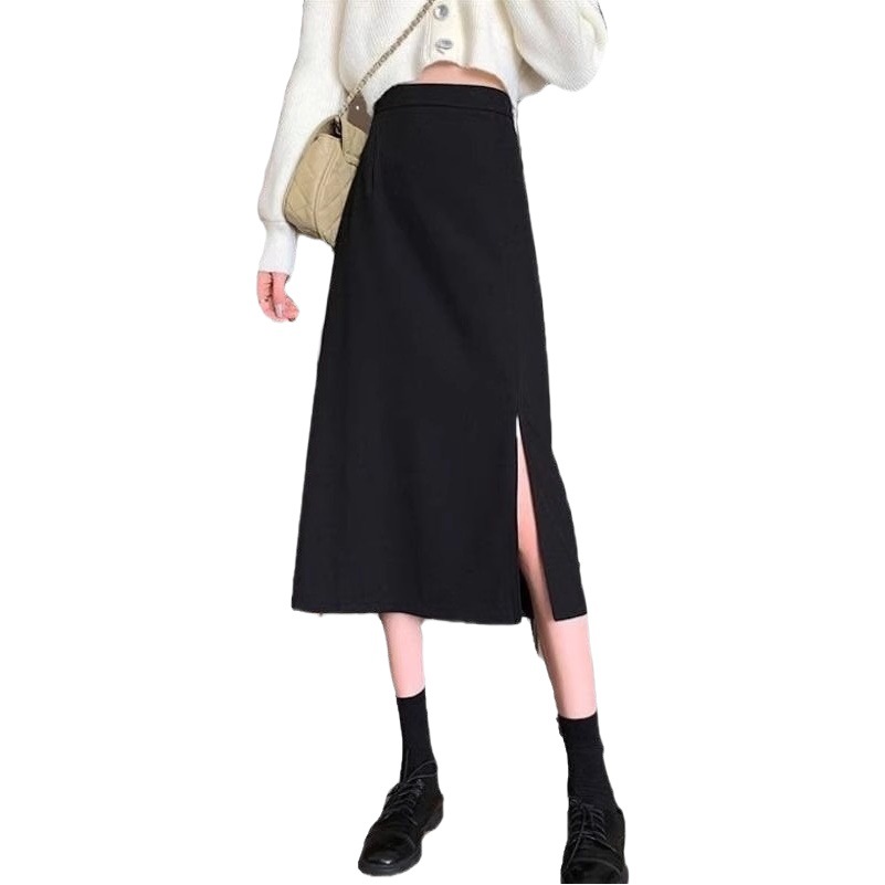 Autumn and Winter 2024 French Hepburn Style Black A- line Skirt High Waist Slimming Dipped Side Split Mid-length Skirt