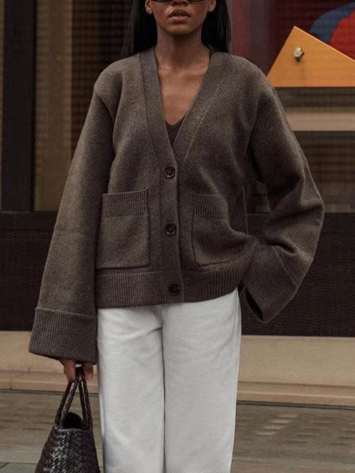 2024 Amazon Europe and America Cross-border Solid Color Knitted Cardigan Fashion Loose Long Sleeve Lazy V-Neck Cardigan Jacket