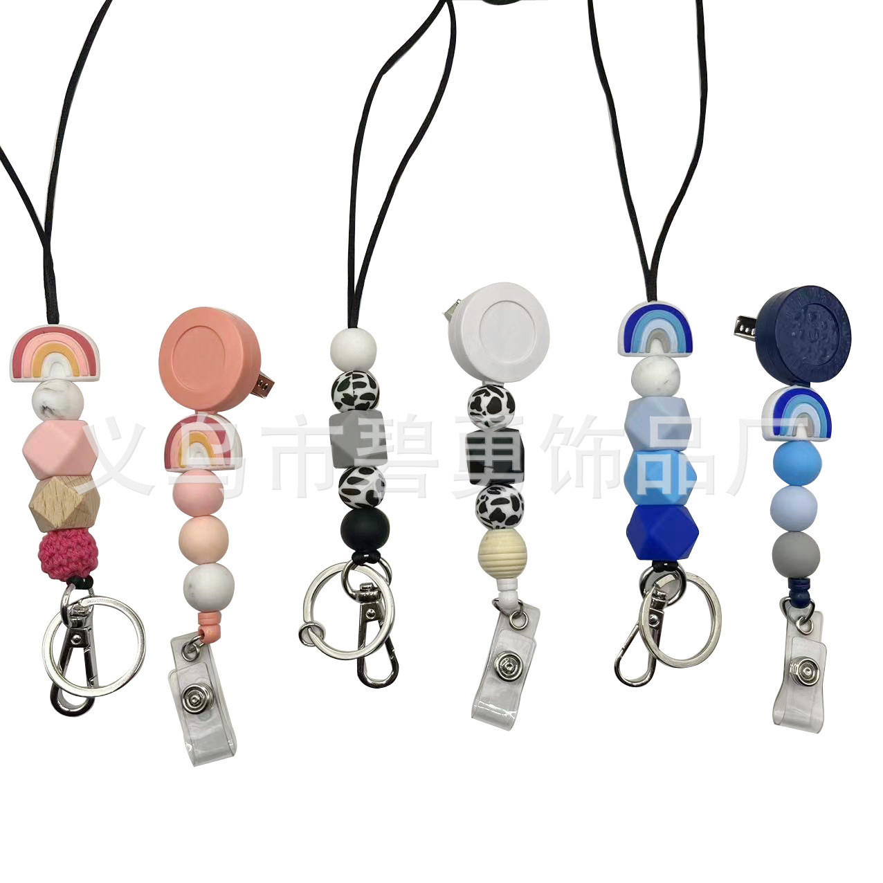 Ins Silicone Beaded Lanyard Non-Detachable Key Necklace Retractable Easy Pull-up Buckle Student Teacher ID Clip